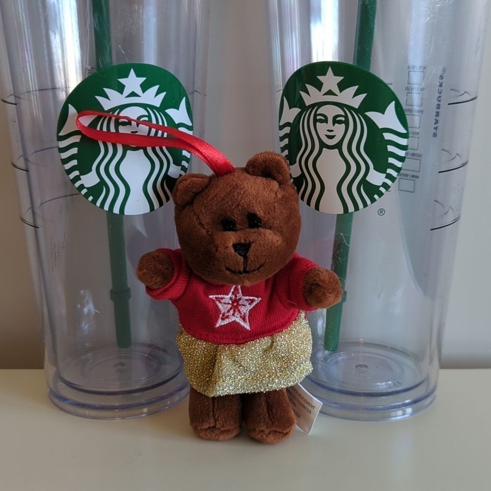 Starbucks Holiday Teddy Bear Ornament Plush Red‎ Gold Christmas Tree Decoration